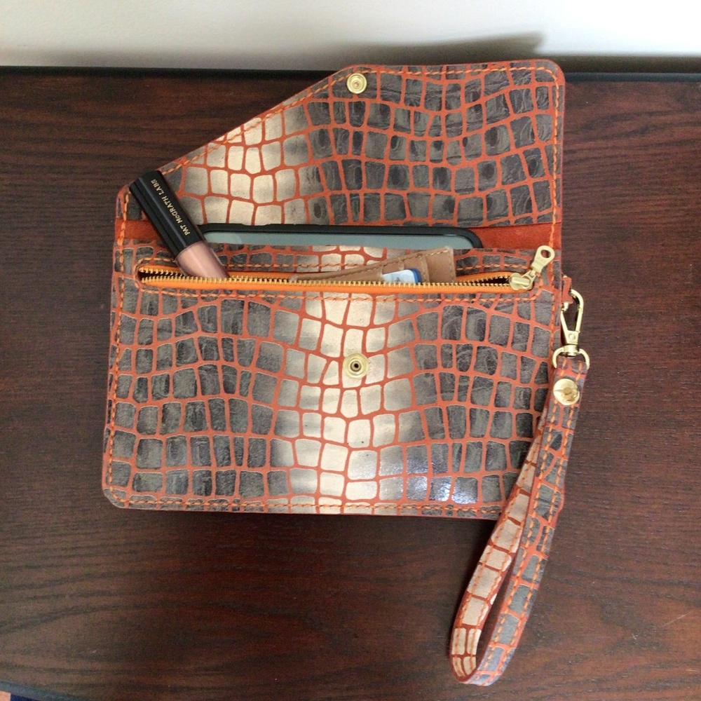 Handmade Orange & Taupe Croc Print Leather Clutch, Detach Strap, Gold Hardware